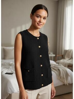 Black Sleeveless Button-Up Knit Vest with Pockets